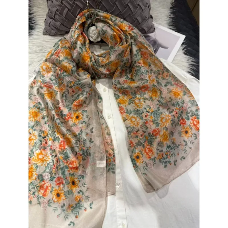

Lightweight 100% Mulberry Silk Scarf for Women Oblong Shawl Neck Scarf Beach Wrap Headscarf Gift Pack Light Brown Floral Print