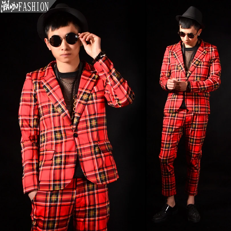 

New Red Scottish Plaid Slim Fit Suit Jacket Casual Pants Korean Men's Clothing Hair Stylist Nightclub Bar Singer Stage Costume