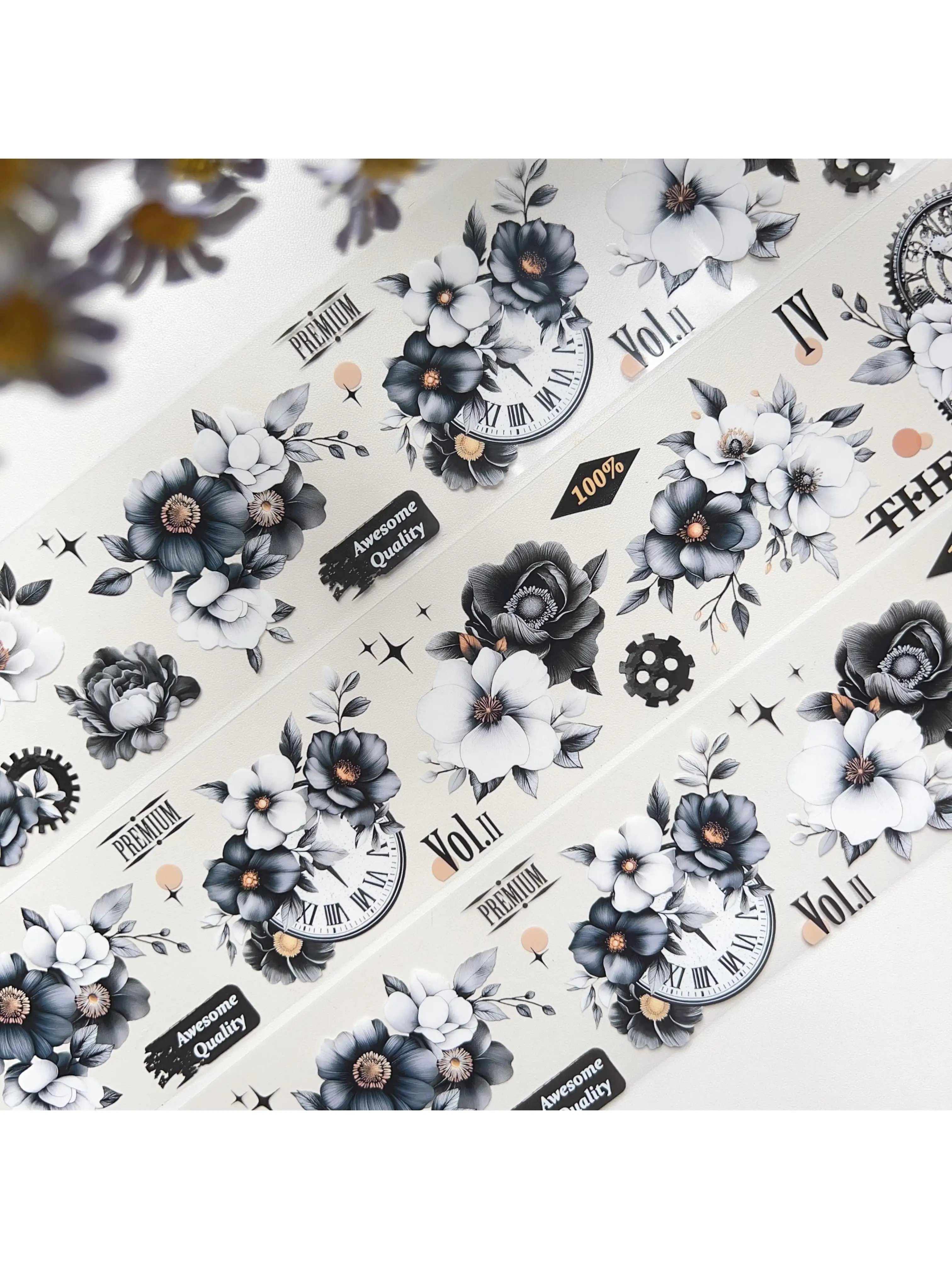 ruban washi pour animaux de compagnie [Kalachakra Narrative] ruban pour journal, fleur rétro légère noire foncée et blanche polyvalente