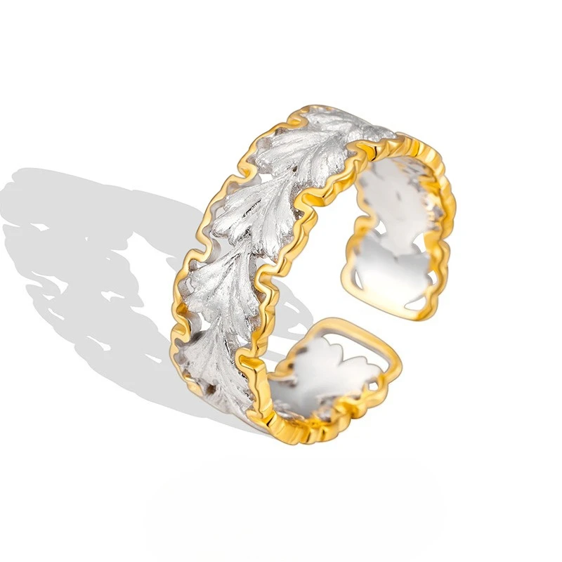 New Female Niche High-end Light Luxury S925 Pure Ginkgo Leaf Italian Retro Brushed Opening Adjustable Ring Wedding Jewelry