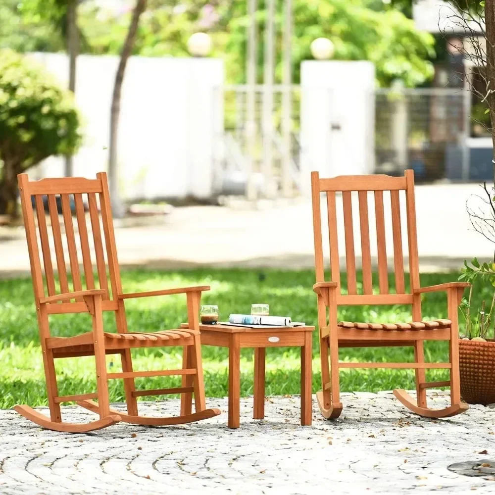 

3 Piece Patio Rocking Chair Set, Eucalyptus Wooden Rocking Bistro Set for Backyard Porch Poolside Lawn