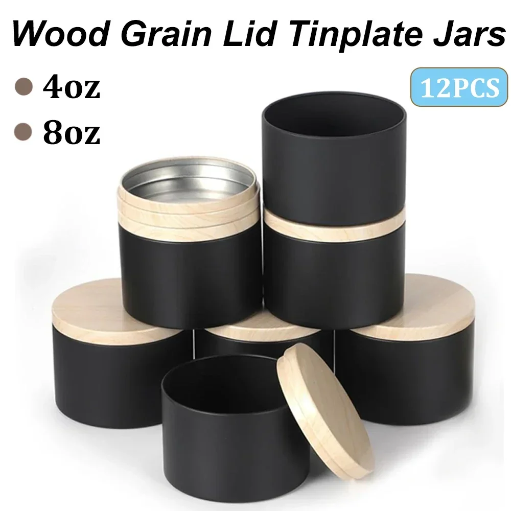 

12PCS 4/8oz Black Can with Wood Grain Lids Reusable Refillable Jars Candle Making Tins Candle Containers Candy Storage Cans Vial