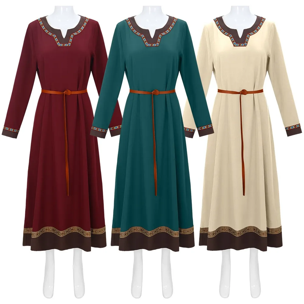 

Medieval Viking Role Playing Dress Halloween Renaissance Countryside Four sided Bounce Ethnic Style Medium length Dress