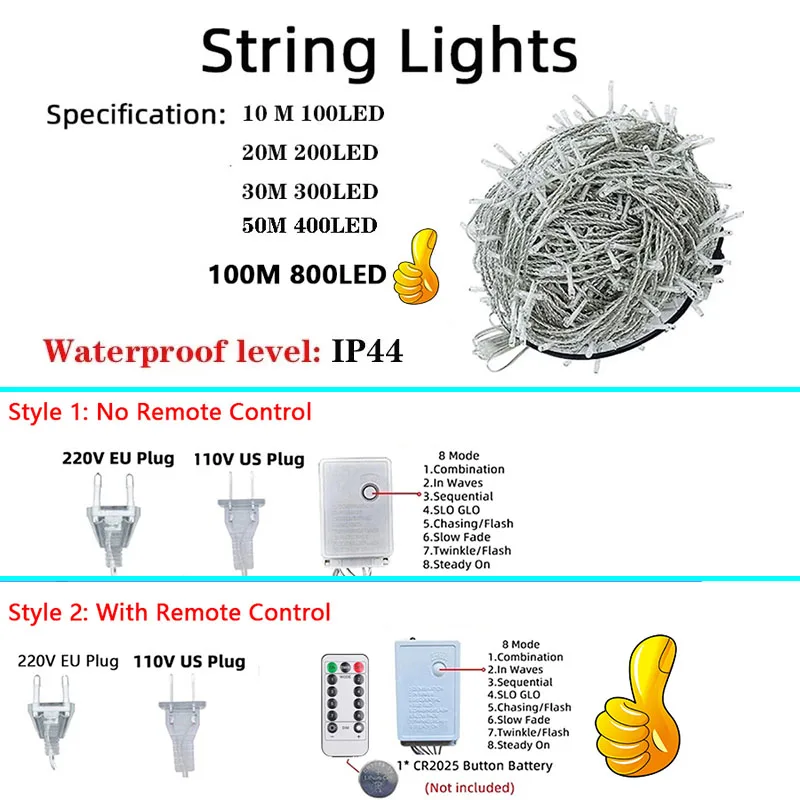 LED 스트링 화환 크리스마스 방수 요정 조명, 나무 가정 정원 웨딩 파티, 야외 실내 장식, 10m-100m