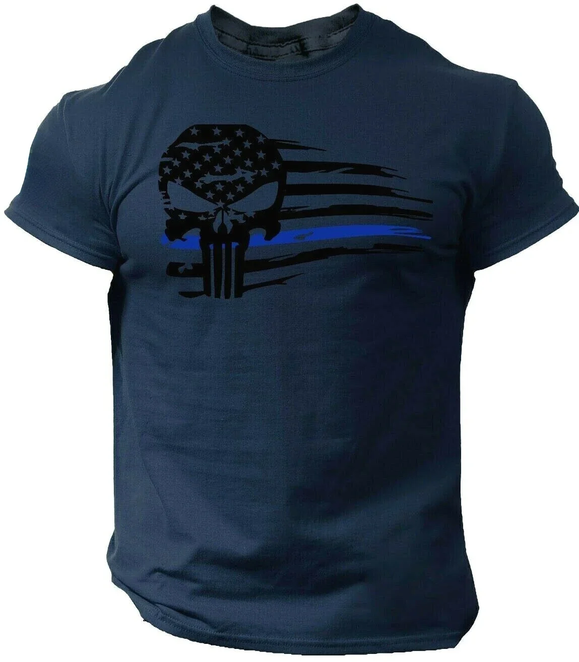 Camiseta militar azul do crânio, bandeira do guerreiro dos EUA, punidor, crânio patriótico, ginástica