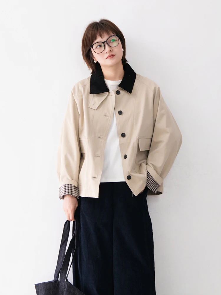 

High Quali Pure Cotton Corduroy Stand Collar Patchwork Casual Women's Jaet Autumn New Barn Sle Small Size Jaet