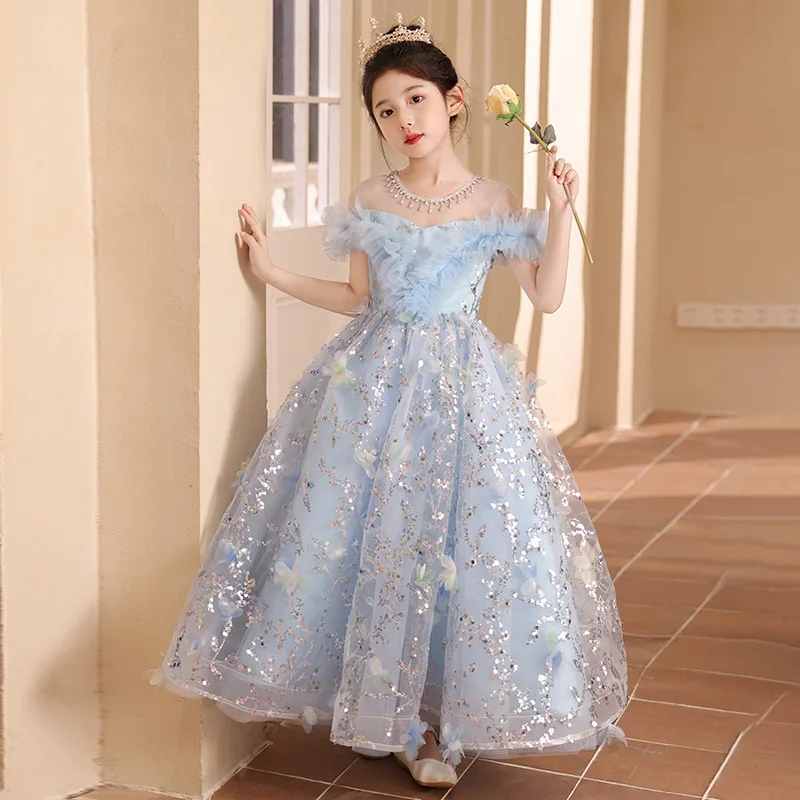 Children's Dress 2025 Spring and Autumn New Style Host Cute Sweet Sky Blue Catwalk Piano Performance Children's Dress