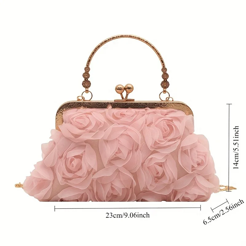 

Elegant 3D Floral Golden Tone Chain Strap Clutch Purse for Women Handbag with Clasp Closure for Weddings, Parties Formal Events