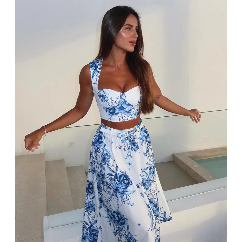 

PB&ZA2025printed heart-shaped collar sleeveless casual short top + printed loose skirt suit summer new women's clothing