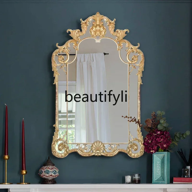 

01Art porch dining side wall decorative mirror carved retro gold makeup dresser wall hanging mirror