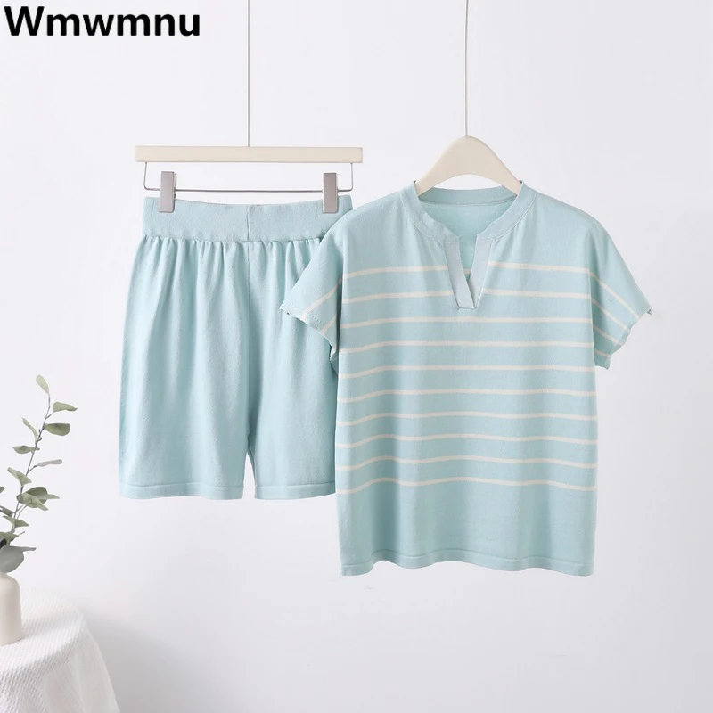 Loose Summer Knitted Conjuntos Chic Striped Pullover Tops + High Waist Baggy Short Pants Outfit Casual Knitwears 2 Piece Sets