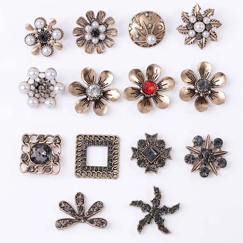 DIY handmade clothing button alloy accessories geometric hollow square micro-inlaid pearl rhinestone star flower accessories