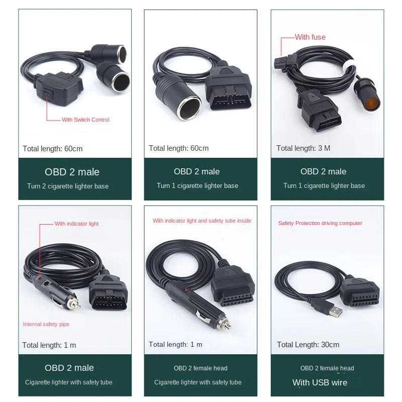 PVC Car Tools Obd2 Scanner Cigarette Lighter To DC Connector and Cables Multifunction Power Cord Diagnostic Tool Durable Adapter