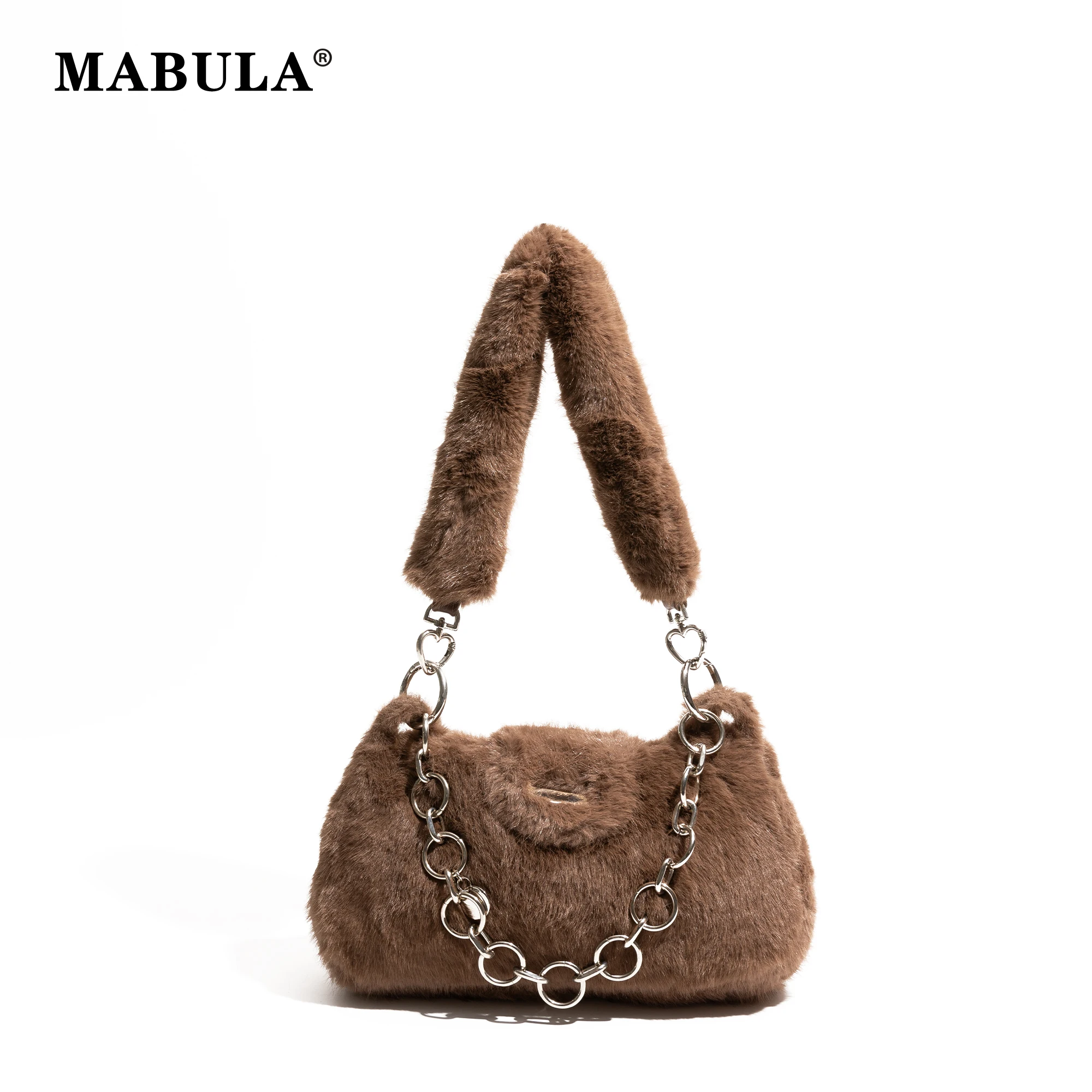 

MABULA Plush Chain Fluffy Hobo Handbag Cute Phone Purse For Girls Simple Casual Ladies Daily Underarm Shoulder Commuter Pouch