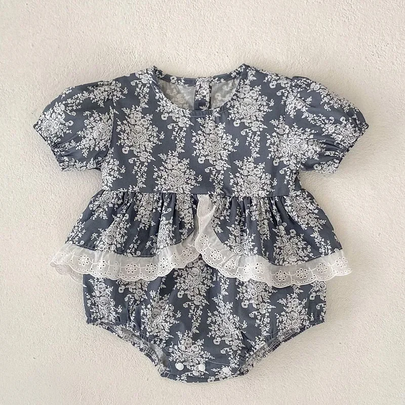 2025 New Summer Infant Baby Girls Bodysuits Short Sleeved Cotton Flower Print Toddler Baby Girls Jumpsuit 0-24M Baby Clothing