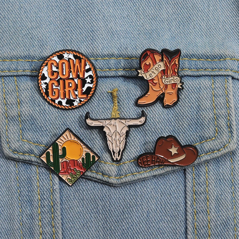 Flower Boots Bullcat Cow Girls Horseshoe Cute Cowboy Frog Backpack Metal Badge Punk Pins Jewelry Creative Cowboy Metal Pin Hat