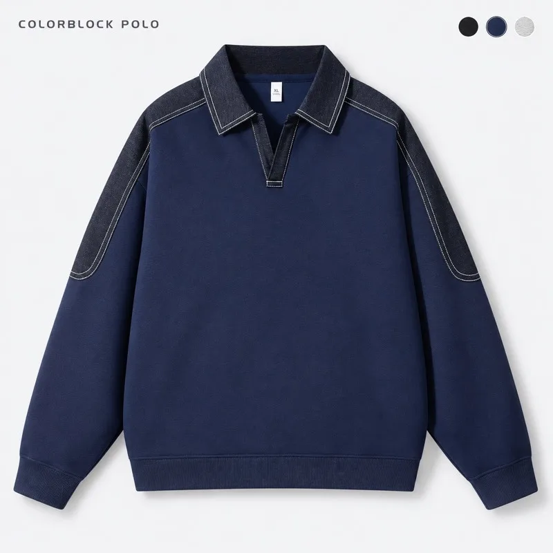 Mens Colorblock Polo Sweatshirt Turn Down Collar Long Sleeve Pullover Contrast Stitch Casual Cotton Blend Top Plus Size M to 8XL