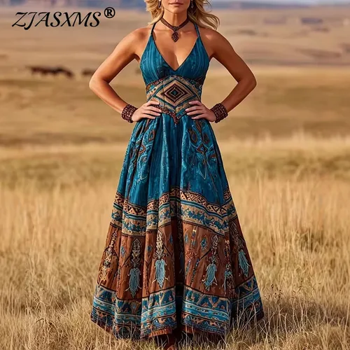 Imagen 1 del producto Vestido Maxi Bohemio Occidental con Cuello en V para Mujer, Estampado Étnico, Dobladillo Imperio, Vestido Largo con Tirantes Finos para Verano y Vacaciones en la Playa