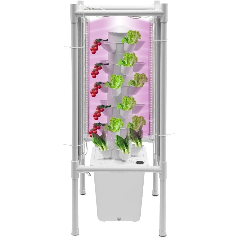 

30-Pod 6-Layer Vertical Hydroponic Tower with Grow Light and Water Pump White Indoor Gardening System for Herbs Fruits Vegetabl