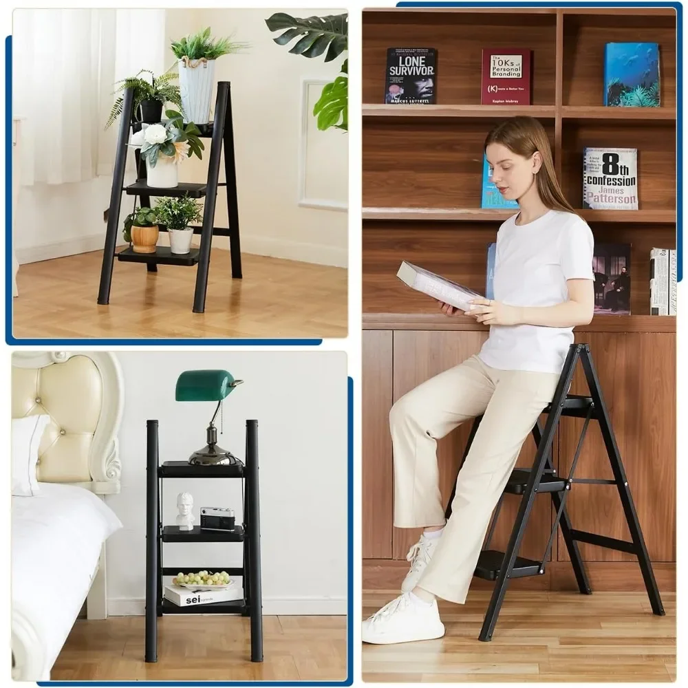 for Step Ladder 3 Step Folding, Sturdy 330 Lbs Small Step Stool for Adults, Safer Full Steel Multi-use Kitchen Ladder for Home