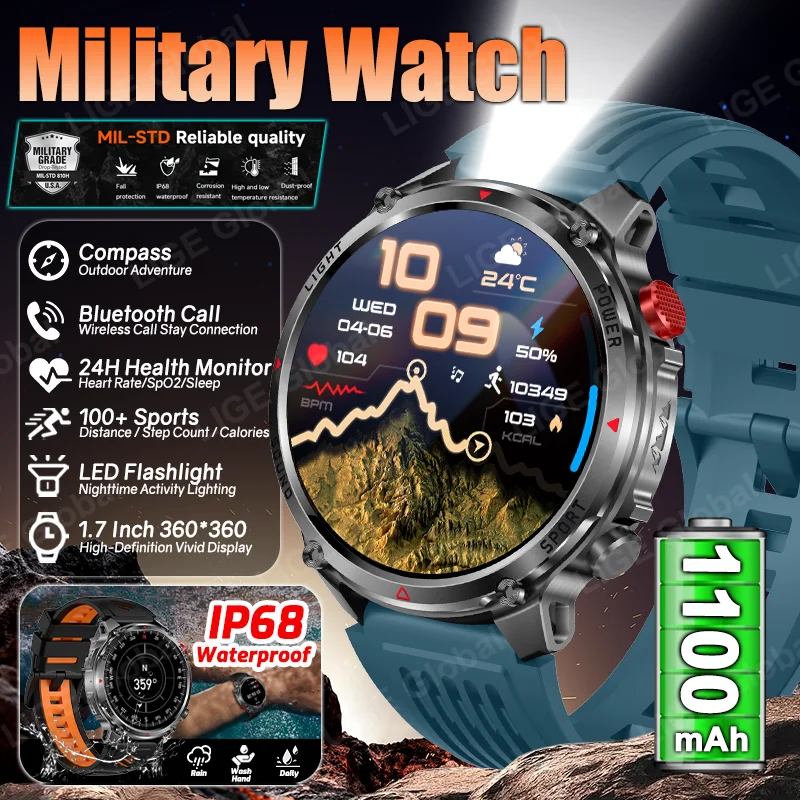 LIGE 2026 New 1100mAh Battery Smart Watch LED Flashlight IP68 Waterproof Sports Run Tracker Outdoors Compass Military Smartwatch