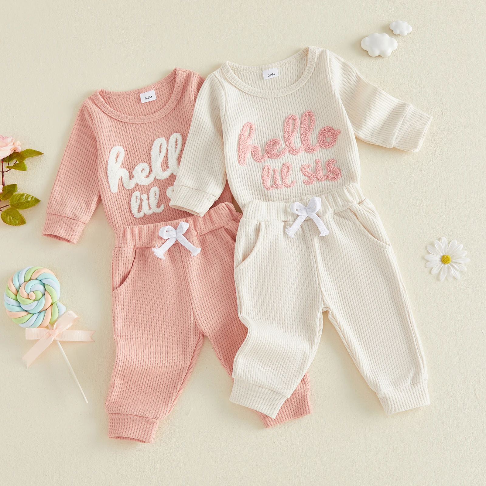 Baby Girls 2 piece Waffle Outfit Set Long Sleeve Crew Neck Embroidery Letters Romper with Elastic Waist Pants Fall Clothes