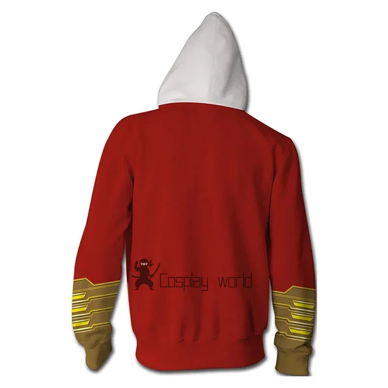 Movie Billy Batson Cosplay Hoodies Autumn Print Zipper Superhero Sportswear Hooded Party Shazam Jacket Polyester Spring Uniform