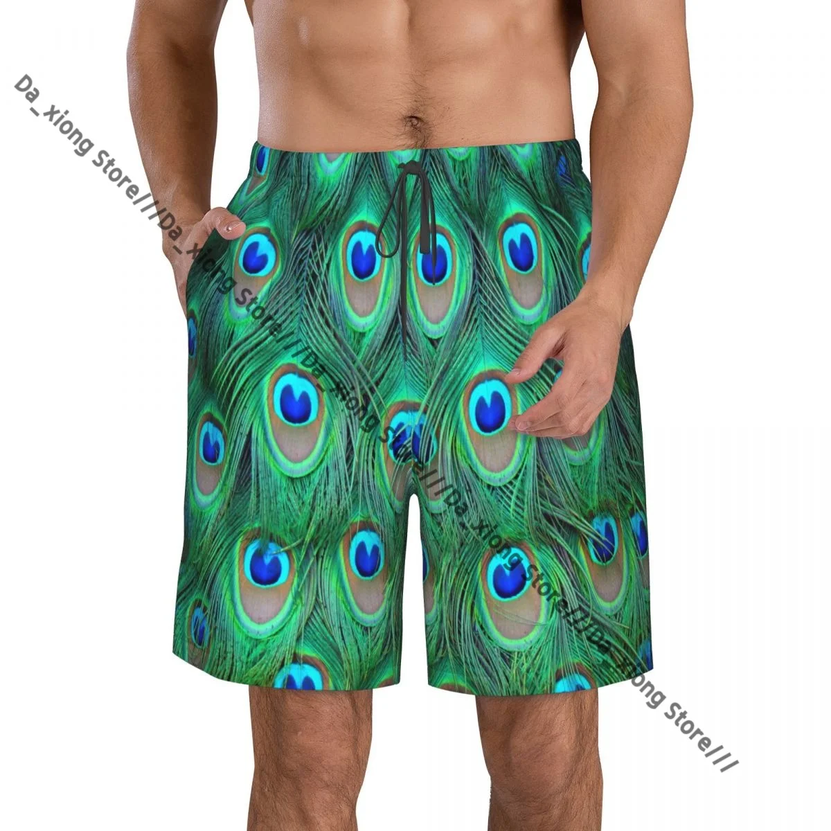 Men Beach Short Quick-drying Swimming Trunk Peacock Feather Print Swimwear Swimsuit Bathing Shorts