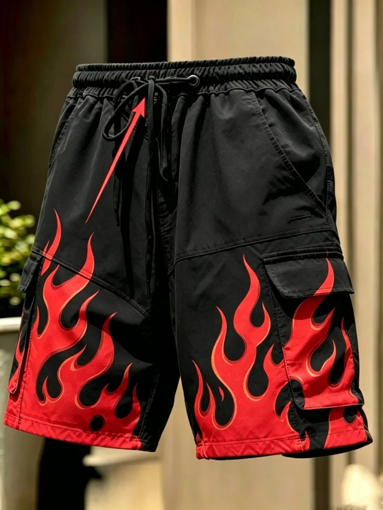 Men Black Red Flame Graphic Multi Flap Pocket Cargo Shorts Elastic Drawstring Waist Hip Hop Streetwear Casual Shorts