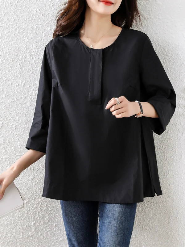 Loose Long Sleeve round Neck Shirt Women's Autumn Fashion plus Size Cover Belly Casual Style Comfortable Fit Shirt