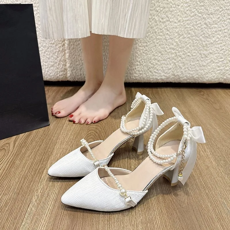 Pearl Chain Detail Pointed Toe High Heels Summer New Style Chinese Style Women's Sandals Thin Heel Fashionable Lady Shoes