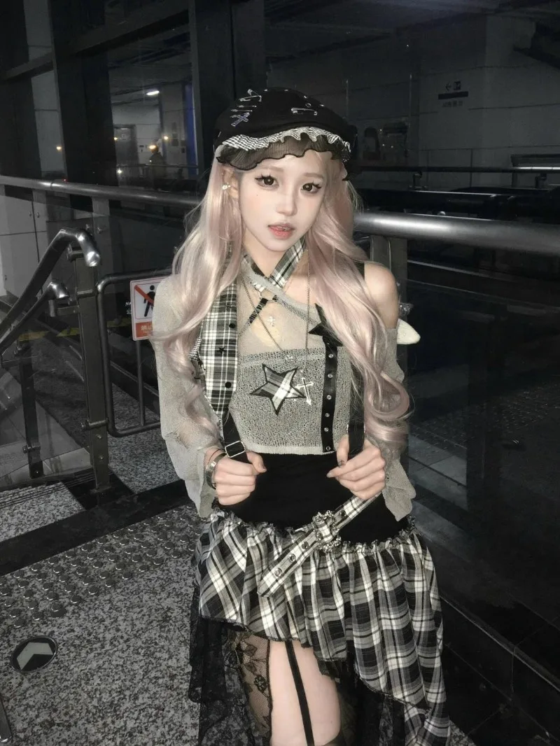 Gotyckie Retro Garnitury Czarny Y2k Krótki Top Bluzka + Sukienka Asymetryczna Koreańska Moda Wyszczuplająca Harajuku Amerykański Vintage Zestaw 2-częściowy Damski