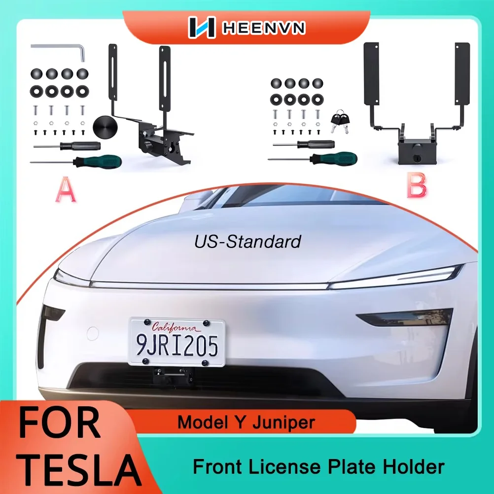 HEENVN For Tesla Model Y Juniper 2025 Front License Plate Holder Frame Bracket No Drill No Adhesives Mounting Kit Accessories