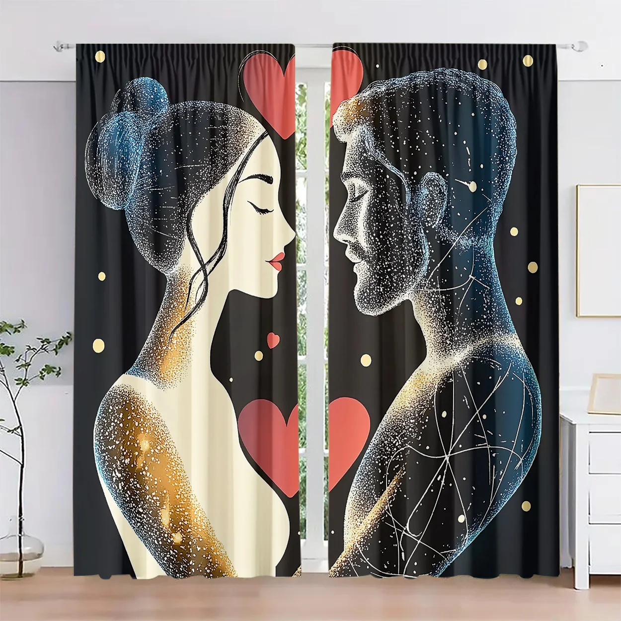 Modern Romantic Couple Illustration Curtains Art Window Drapes Abstract Galaxy Love Home Decoration Living Room Style Curtains