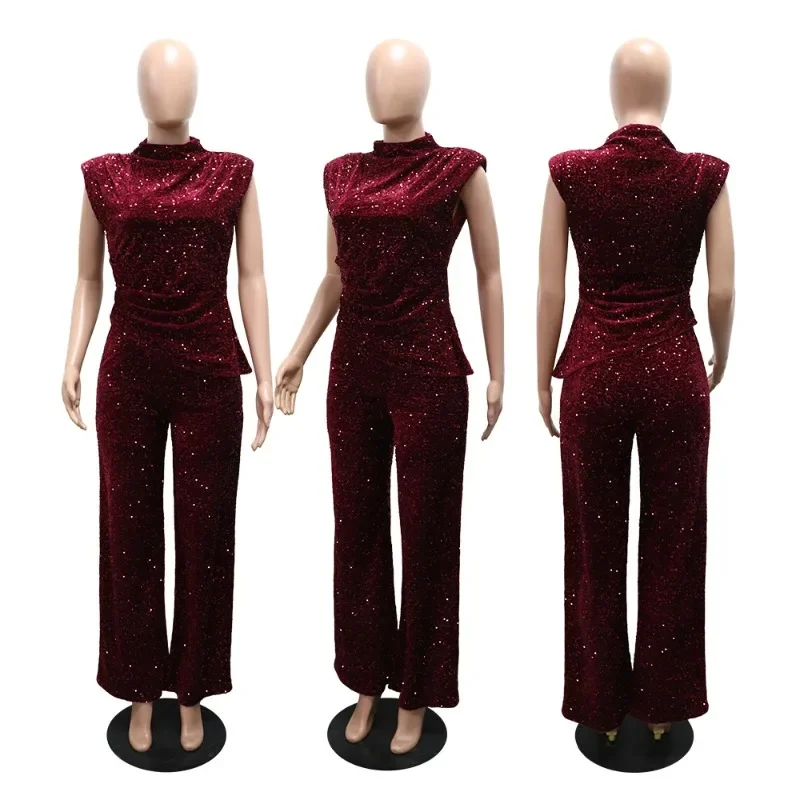 GUWU Nuovo Set da due pezzi alla moda da donna Casual Collo semi-alto Manica a mosca Top irregolare e pantaloni lunghi larghi Set coordinati