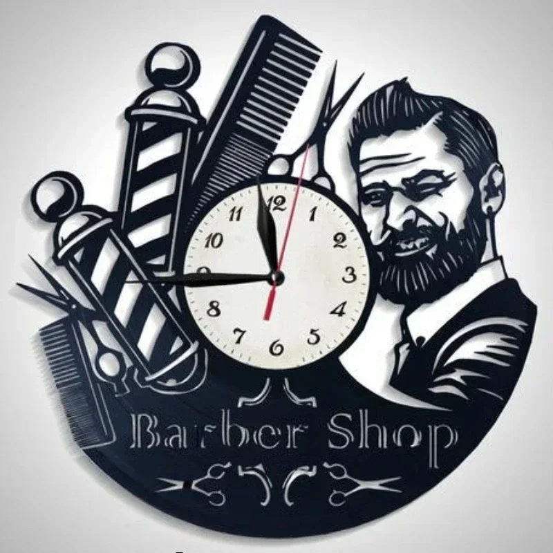 Barber Shop Fashion Art Wall Clock Remote Control LED Light Wall Watch Home Decoration Barber Shop Creative Gifts Vinyl Clock
