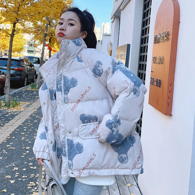 2023 Winter New Fashion Letter Cartoon Pattern Down Cotton Coat Women\'s Short Korean Hooded Thickened Bread Coat Trendy Jacket