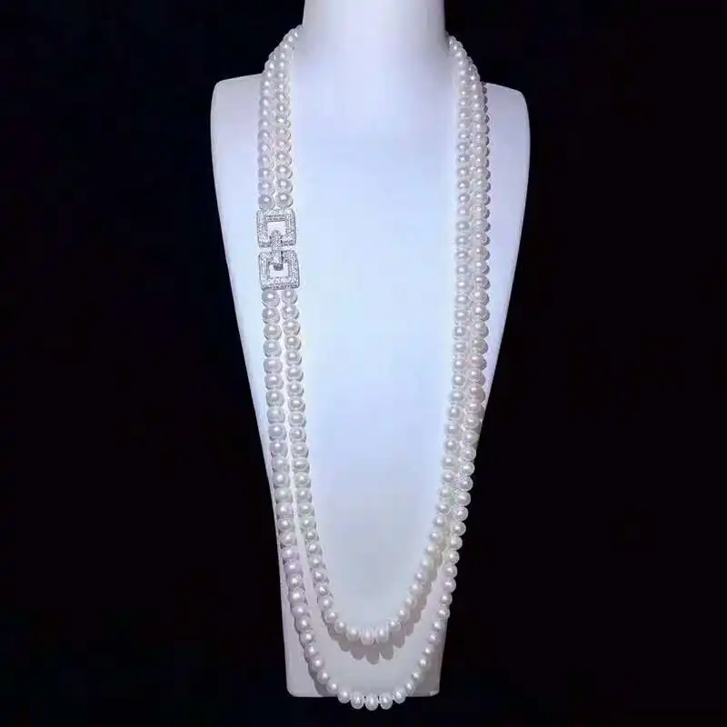 Micro inlay zircon clasp accessory 24-26“inch” 8-9mm white freshwater pearl necklace bracelet set fashion jewelry