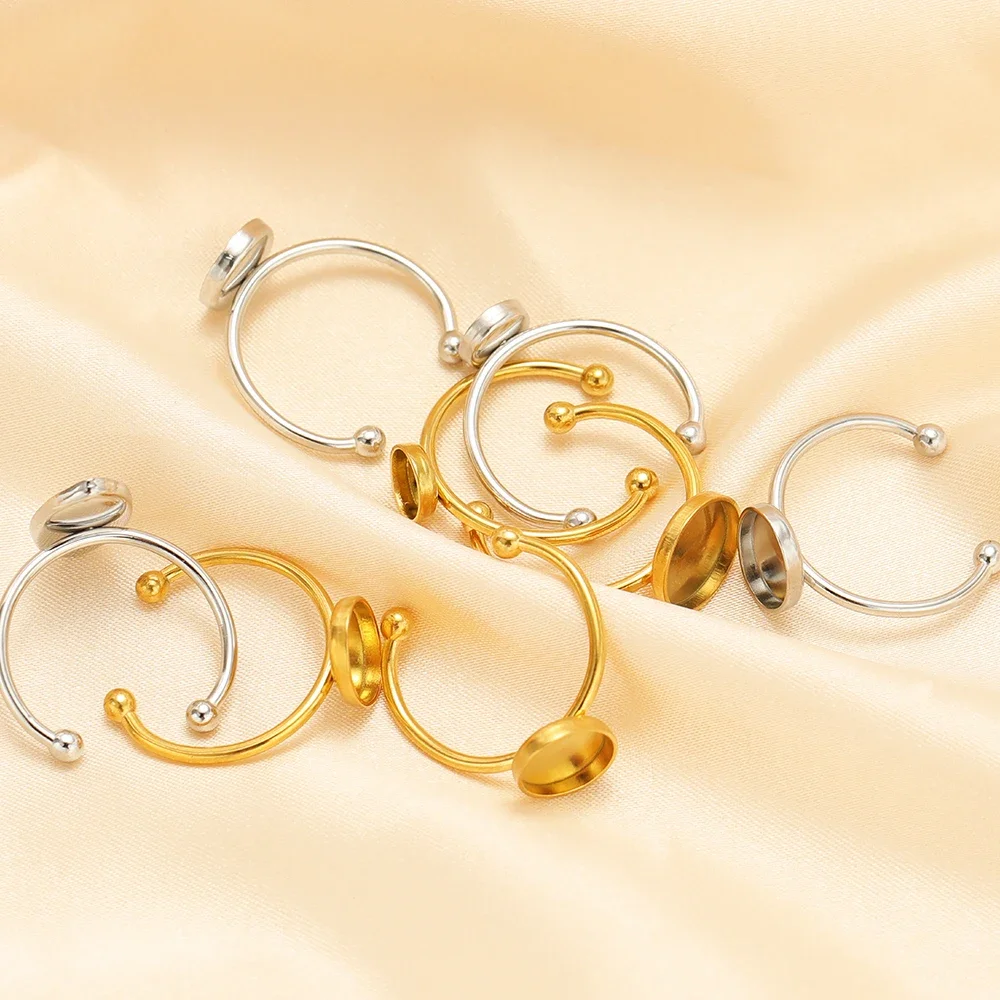 10pcs Stainless Steel Gold Color Open Ring Settings Blank Cabochon Base Tray Rings for DIY Fashion Rings Supplies Jewelry Making