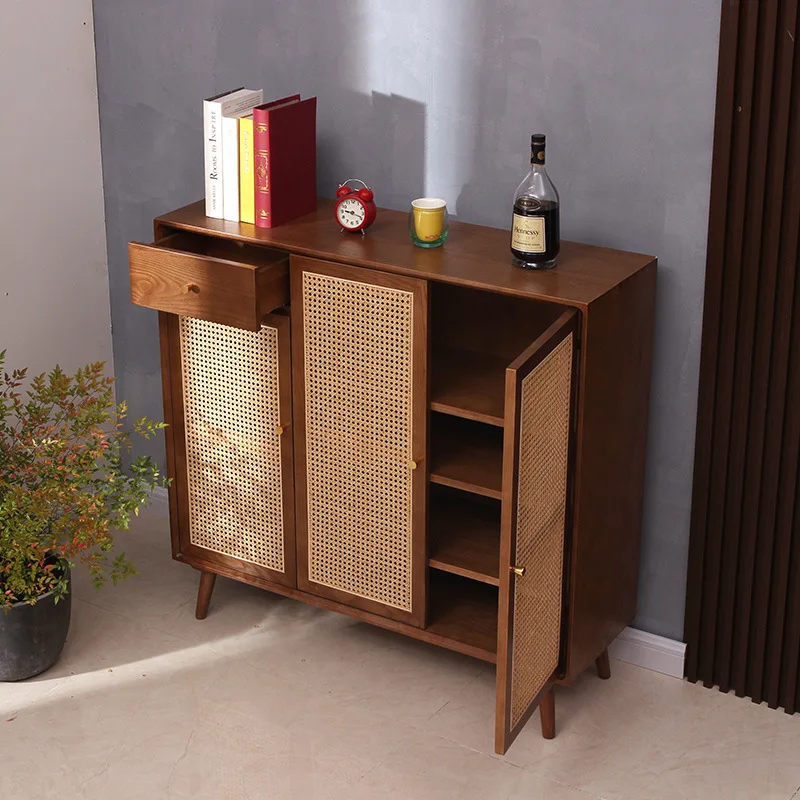 Vine woven shoe cabinet, minimalist, modern walnut color living room, home use, wall storage, entrance hall, solid wood porch