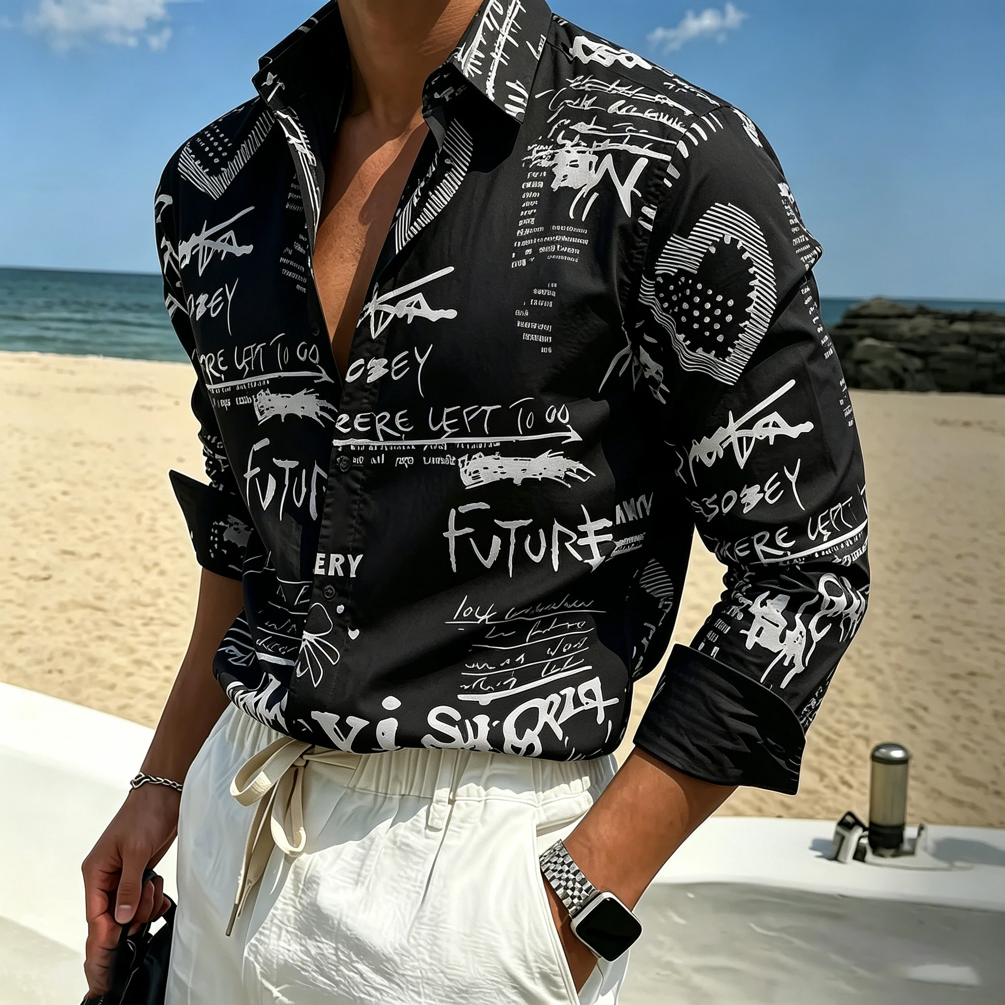 Men's collared long-sleeved shirt, trendy brand letter print lightweight shirt, loose cardigan top for beach vacations.