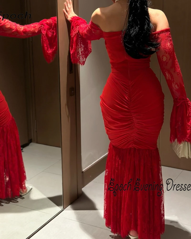 Vestido de noche largo de encaje epoxi, vestido recto de fiesta de cóctel con cuello barco fruncido elegante para mujeres sexys