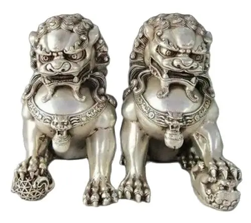 

Rare Chinese Silver Guardian Lion Foo Fu Dog Statue Pair 14.5CM