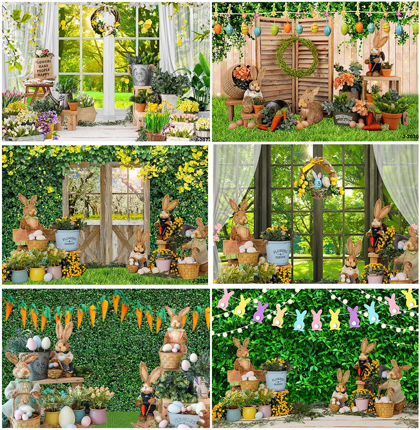 

Spring Green Grass Garden Sunshine Floral Plants Bunny Carrot Gathering Backdrops Easter Interior Decor Window Eggs Backgrounds