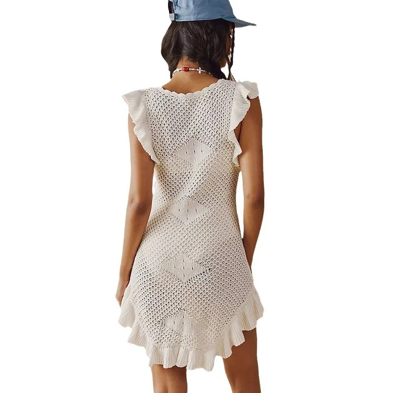 여름 새 스커트 여성 솔리드 컬러 섹시한 니트 할로우 비치 비키니 수영복 커버 태양 보호 의류