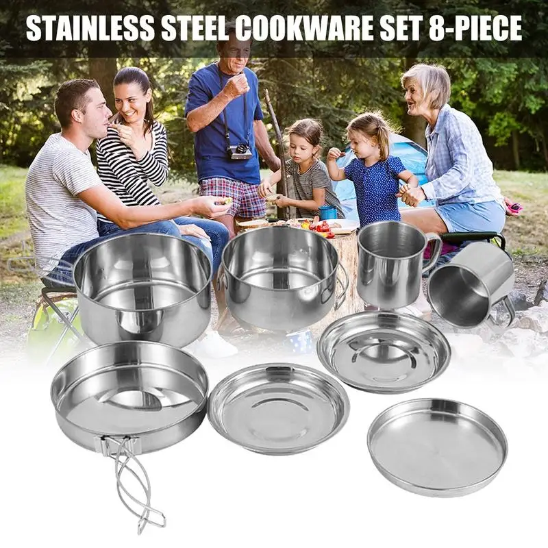 

8PCS Cookware Set Stainless Steel Cookware Kit Cooking Pot And Pan Set With Plates Cups For Outdoor Camping Backpacking dropship