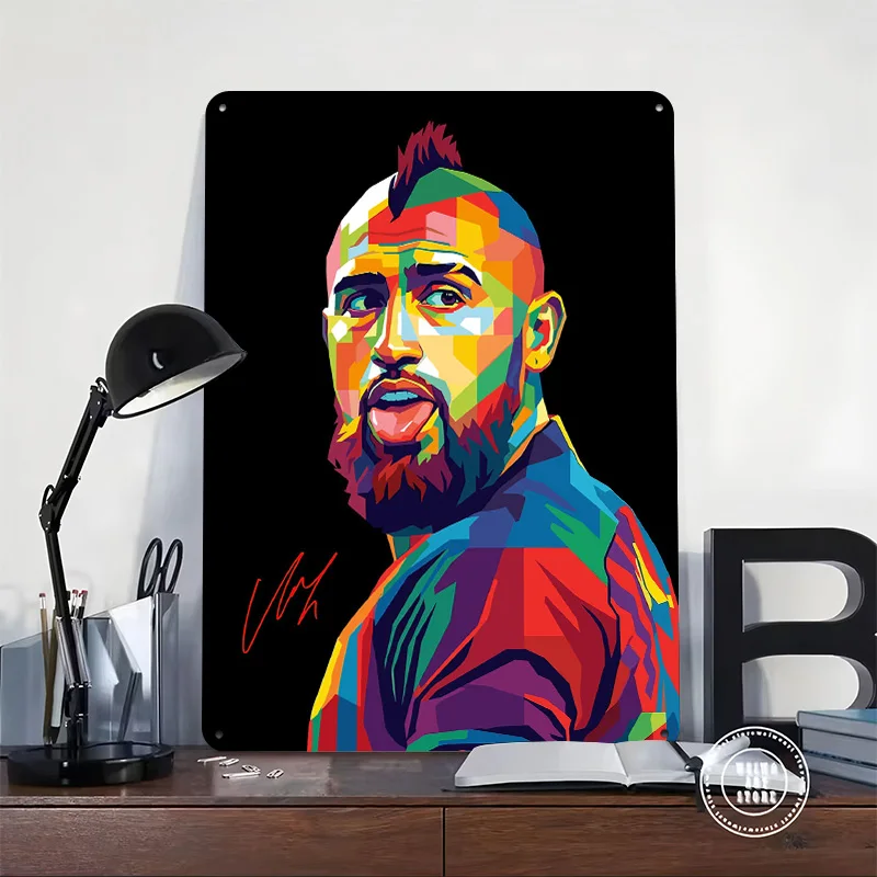 Arturo Vidal Colorful Pop Art Portrait Personalized 3D Textured Metal Poster Wall Art Vintage Tin Signs for Home Decor Ornaments