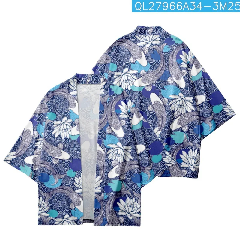 Verão japonês solto harajuku carpa lótus impresso kimono cardigan calças recortadas homens cosplay yukata