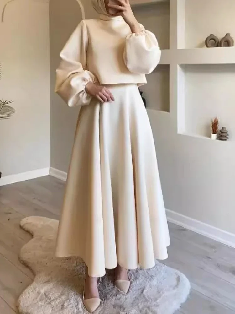 Muslim Skirt Outfits Two Piece Set Women Round Collar Top Long Skirt Solid Suit Ramadan Morocco Dubai Arabic Elegant Ensemble