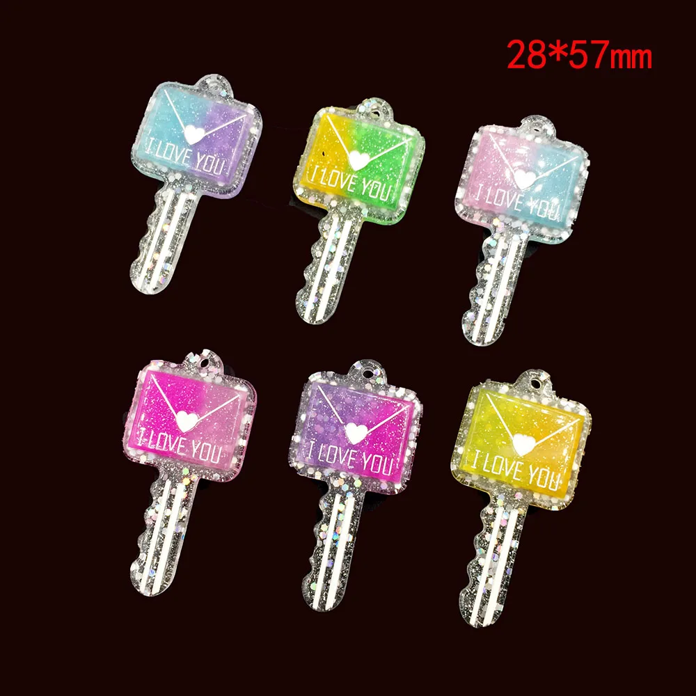 10Pcs Cute Glitter Rainbow Key With Hole Flat back Resin Cabochon for DIY Handmade Necklace Keychain Jewelry Making Accessories